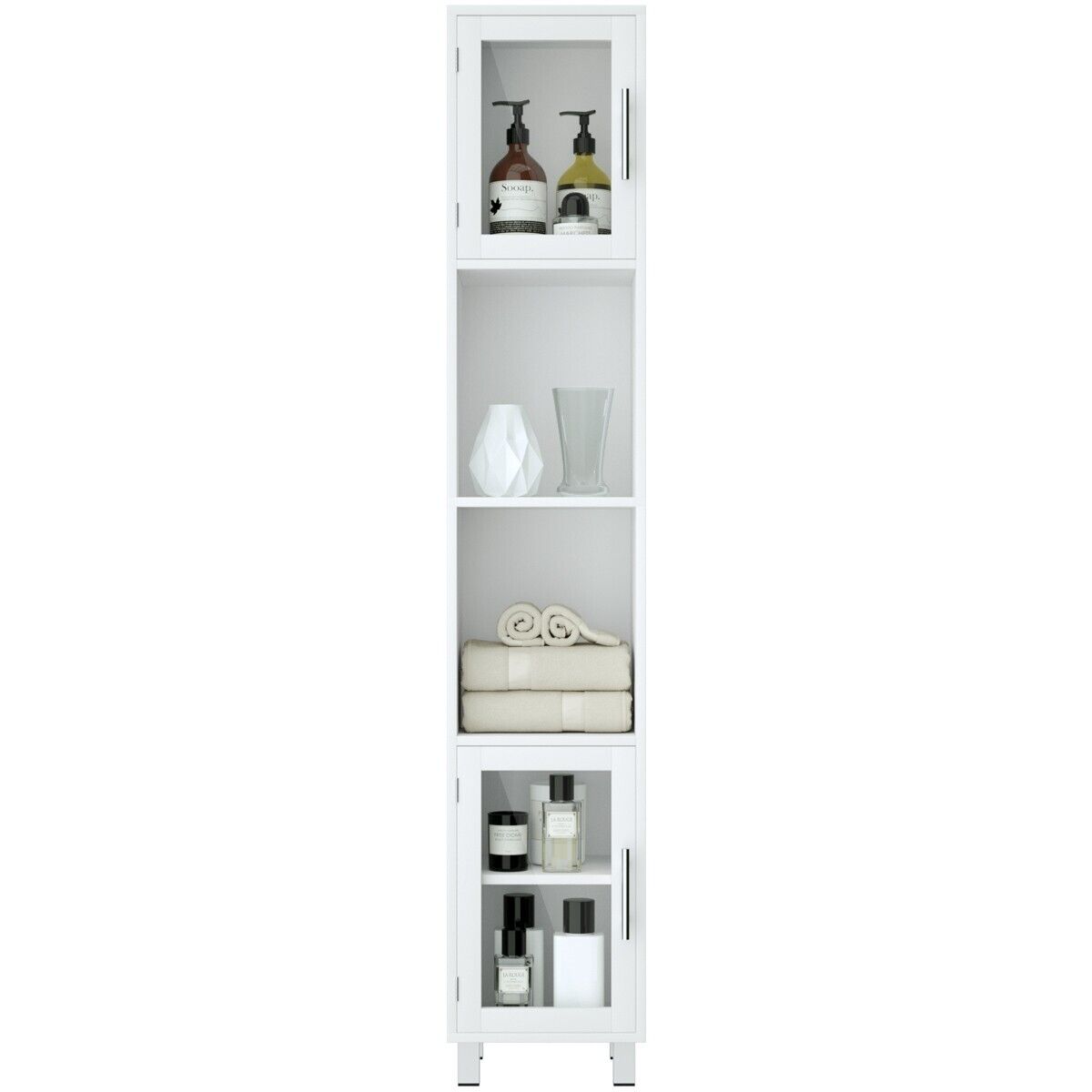 Freestanding Slim Wooden Bathroom Cabinet with Tempered Glass Doors-White
