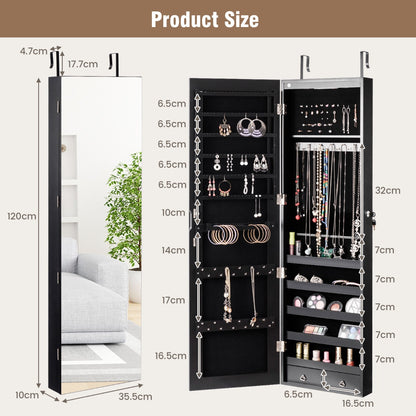 Lockable Wall Mounted Jewelry Armoire with Full Length Mirror and LED Lights-Black