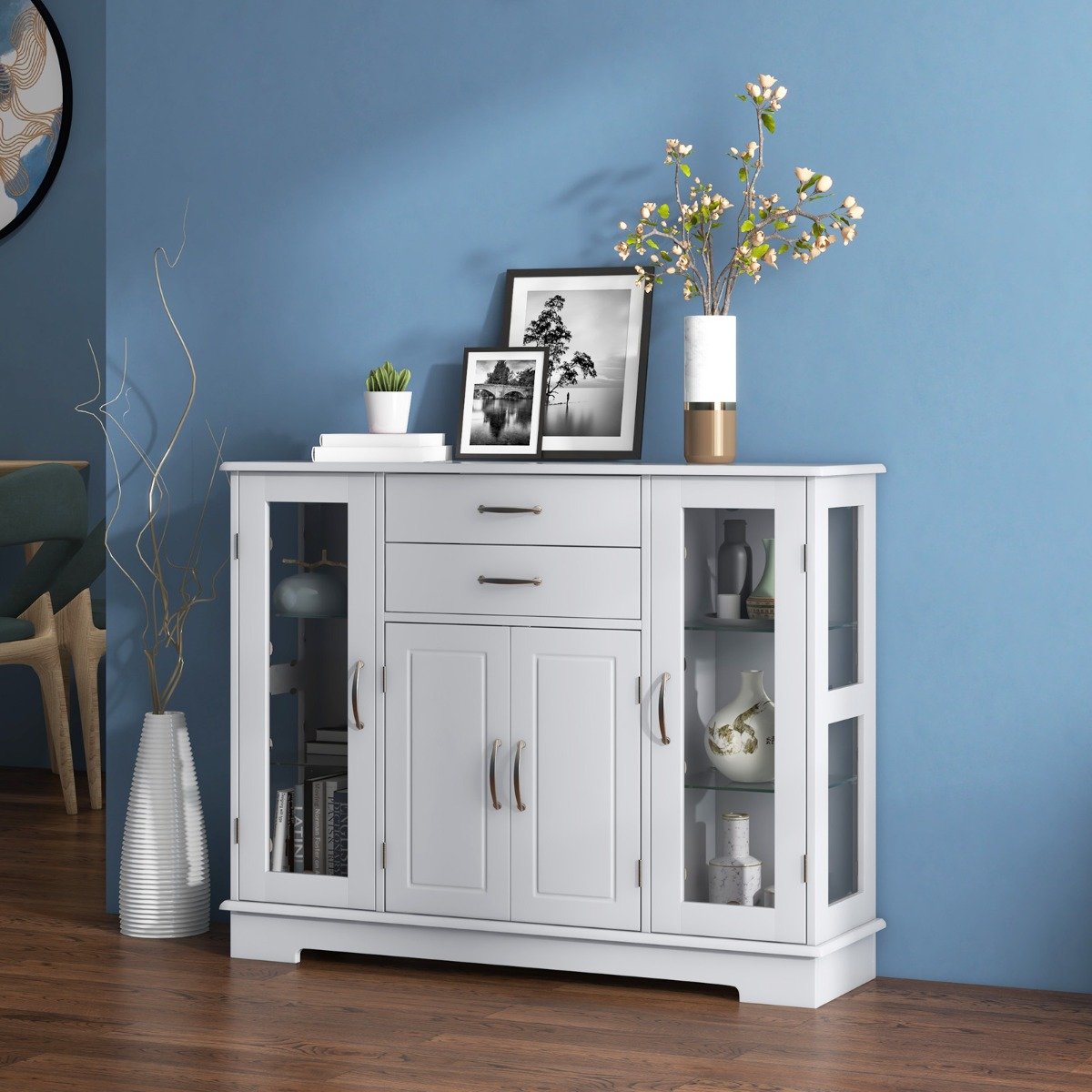 Wooden Buffet Sideboard with Adjustable Shelves and 2 Glass Doors-Grey