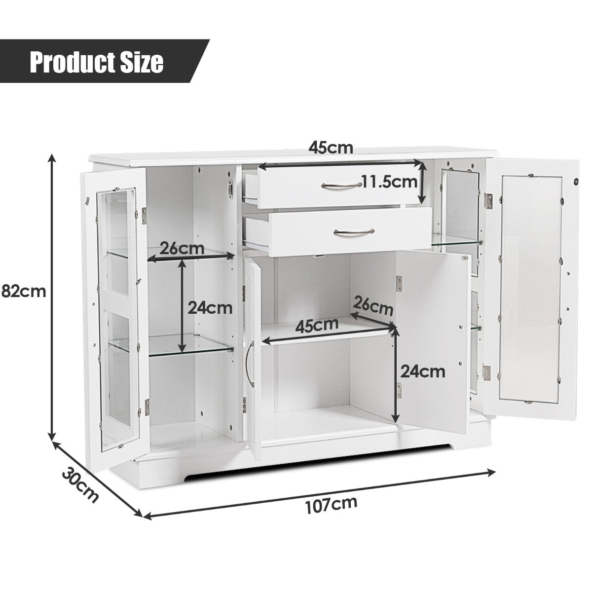 Wooden Buffet Sideboard with Adjustable Shelves and 2 Glass Doors-White