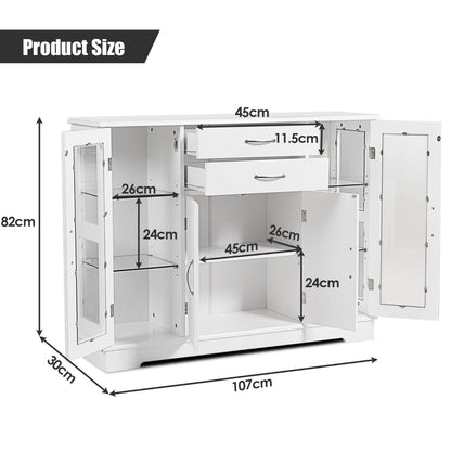 Wooden Buffet Sideboard with Adjustable Shelves and 2 Glass Doors-White