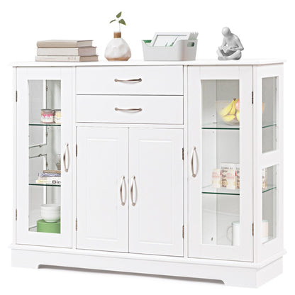 Wooden Buffet Sideboard with Adjustable Shelves and 2 Glass Doors-White