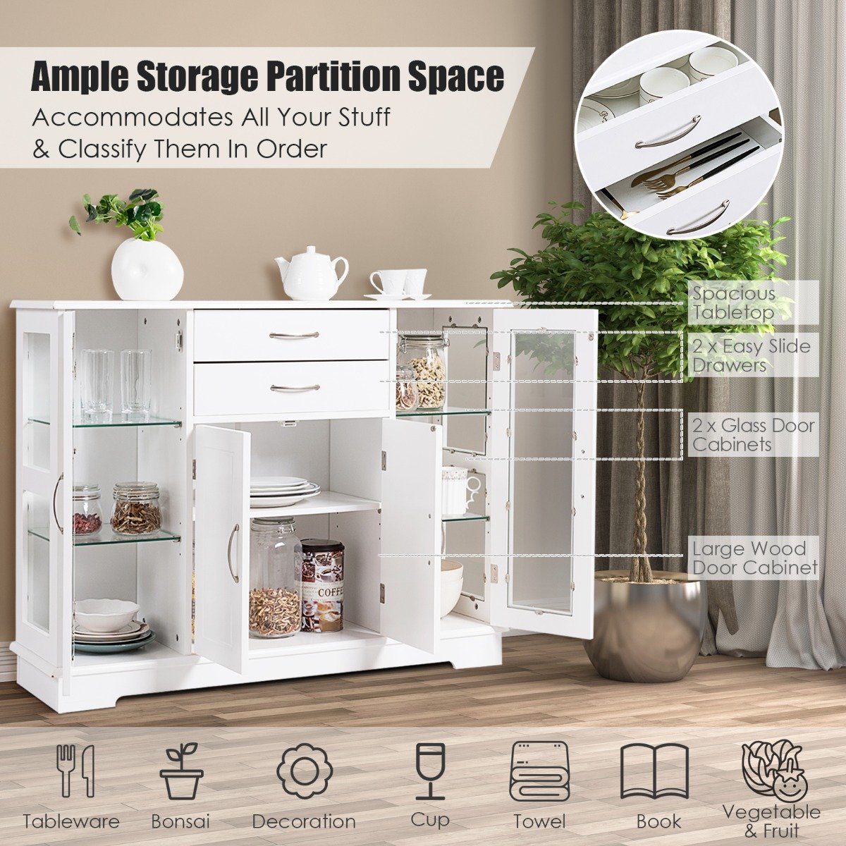 Wooden Buffet Sideboard with Adjustable Shelves and 2 Glass Doors-White