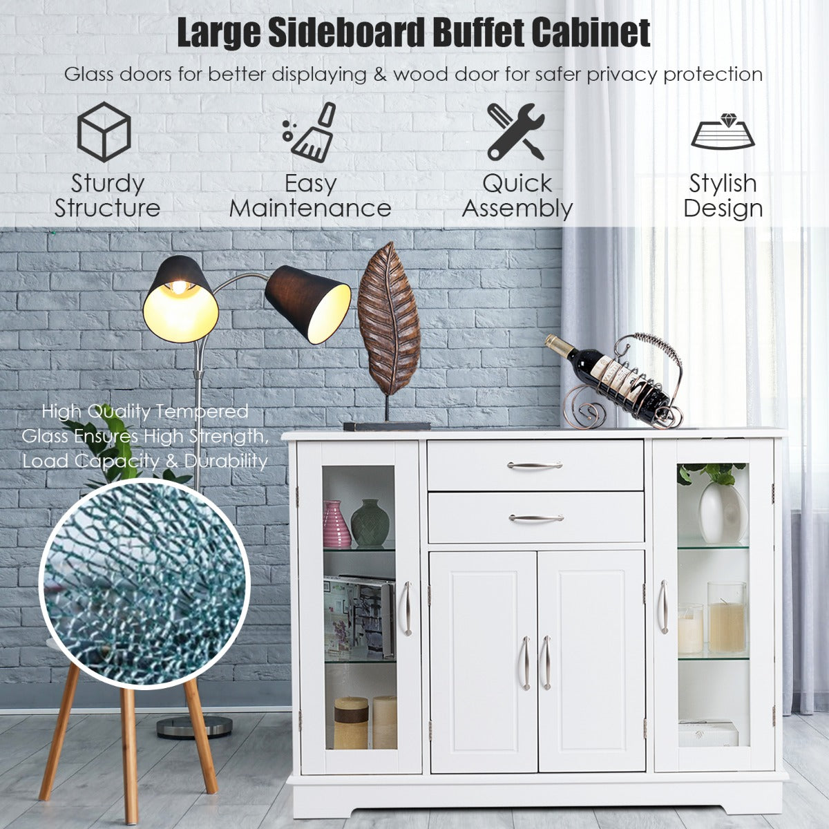 Wooden Buffet Sideboard with Adjustable Shelves and 2 Glass Doors-White