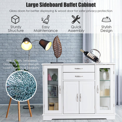 Wooden Buffet Sideboard with Adjustable Shelves and 2 Glass Doors-White