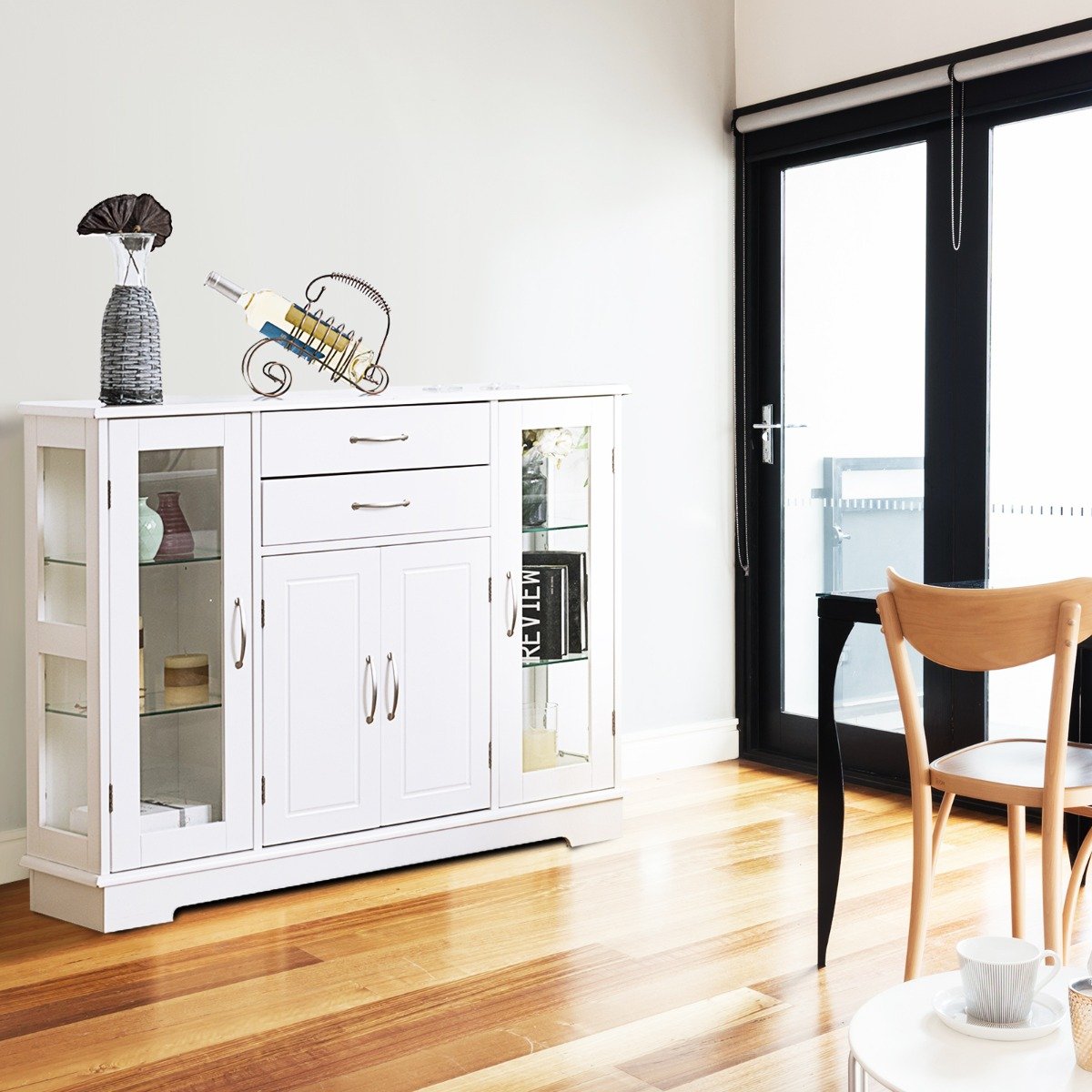 Wooden Buffet Sideboard with Adjustable Shelves and 2 Glass Doors-White