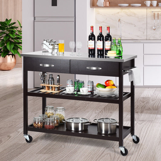 Rolling Kitchen Storage Trolley with 2 Drawers and Towel Bar-Brown