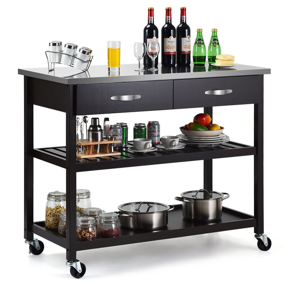 Rolling Kitchen Storage Trolley with 2 Drawers and Towel Bar-Brown