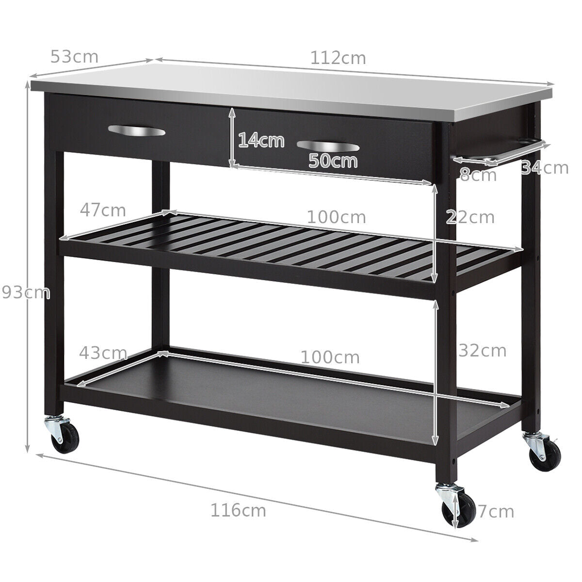 Rolling Kitchen Storage Trolley with 2 Drawers and Towel Bar-Brown