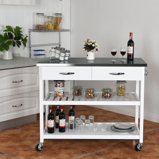 Rolling Kitchen Storage Trolley with 2 Drawers and Towel Bar-White