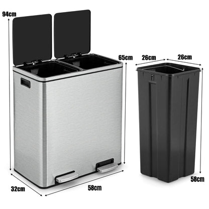 Double Recycle Pedal Bin wth Dual Removable Compartments-Silver