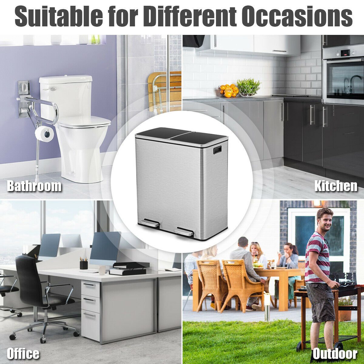 Double Recycle Pedal Bin wth Dual Removable Compartments-Silver