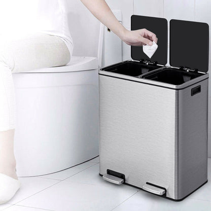 Double Recycle Pedal Bin wth Dual Removable Compartments-Silver