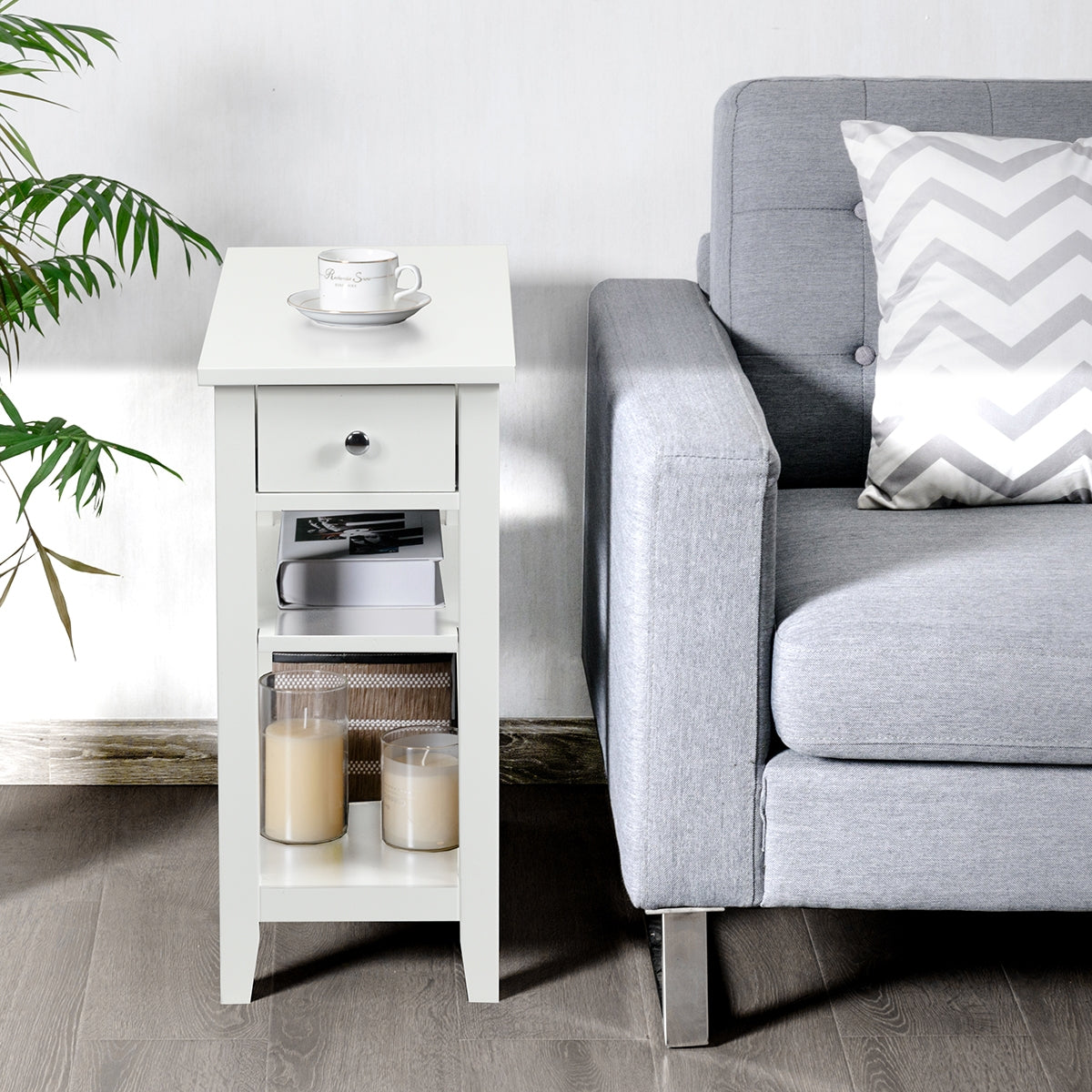 3-Tier End Table with Drawer-White