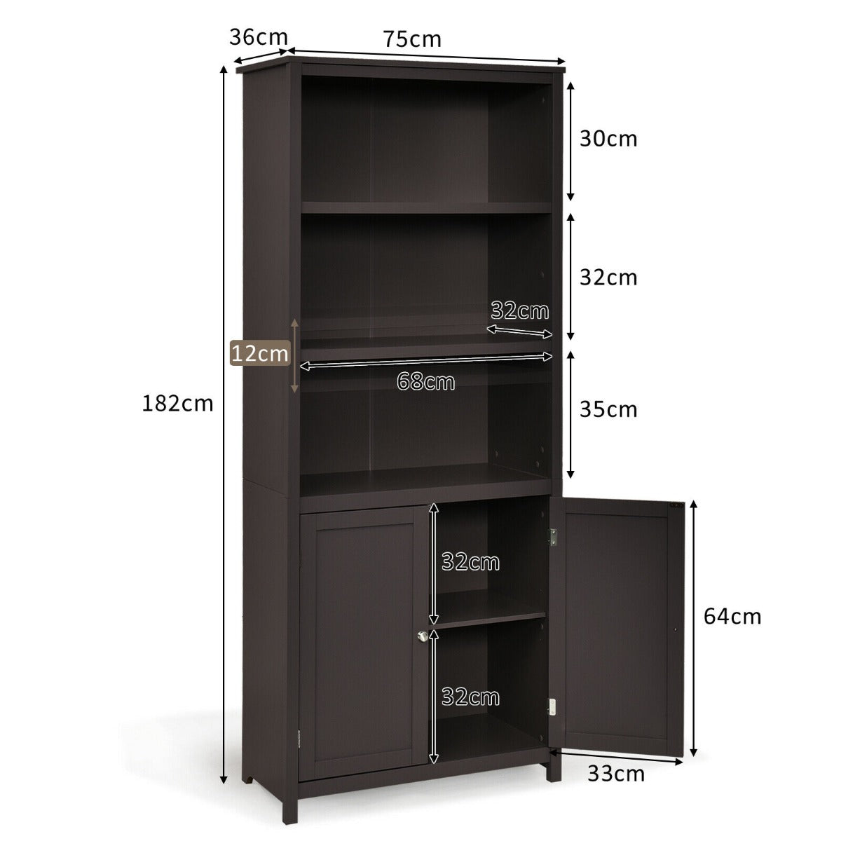 Wooden Tall Bookcase with 3-Tier Storage Cabinet-Coffee