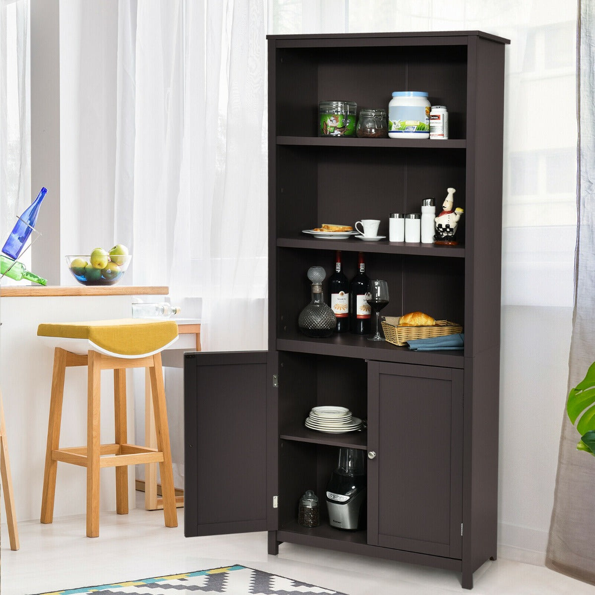 Wooden Tall Bookcase with 3-Tier Storage Cabinet-Coffee