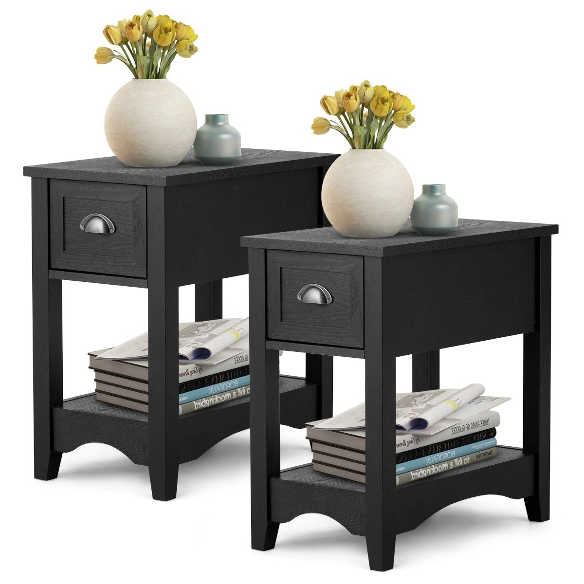 Rectangular Nightstand Set of Two with 1 Drawer 1 Storing Shelf and 4 Solid Rubber wood Legs-Black