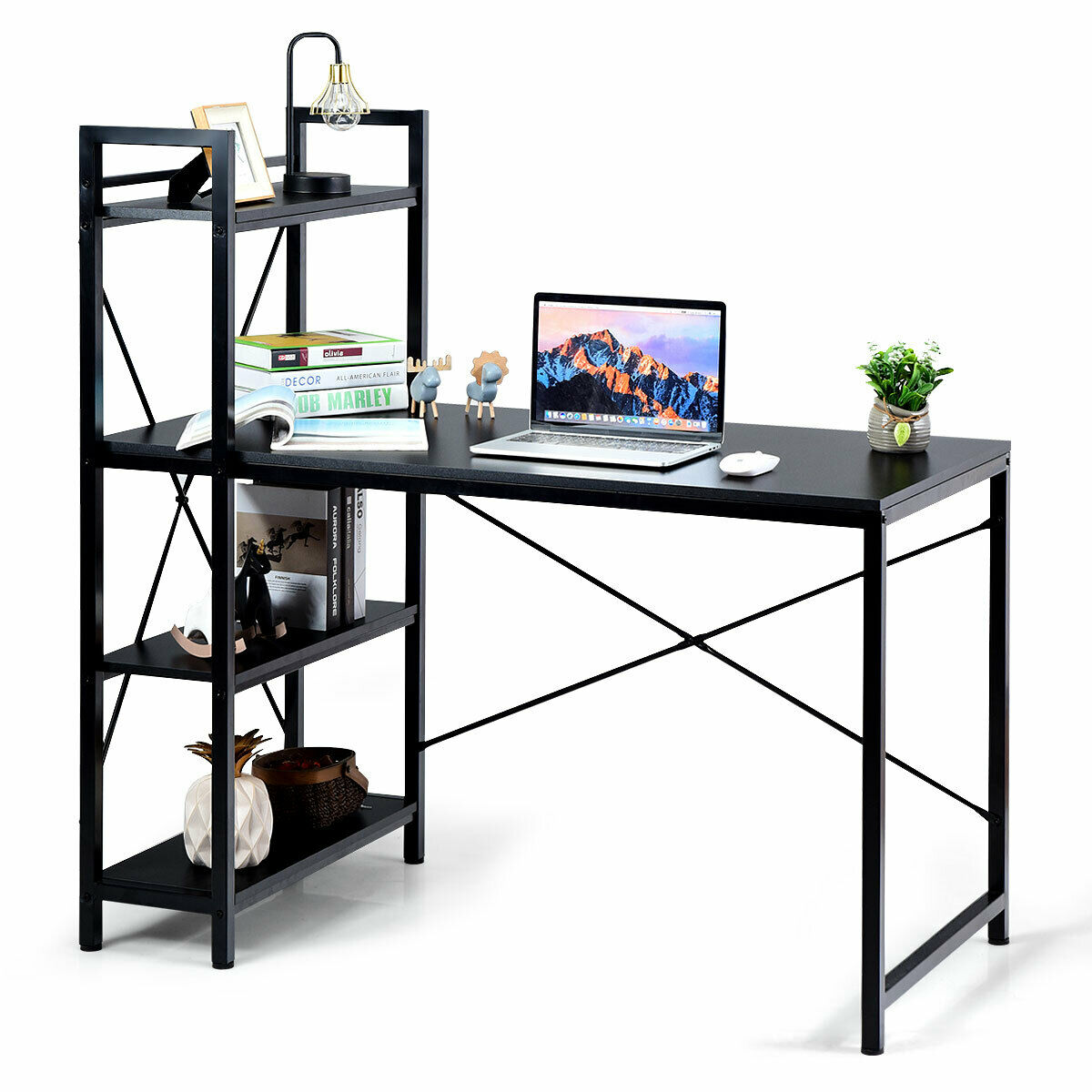 Wooden Computer Desk Writing Table with 4-Tier Reversible Bookshelf-Black