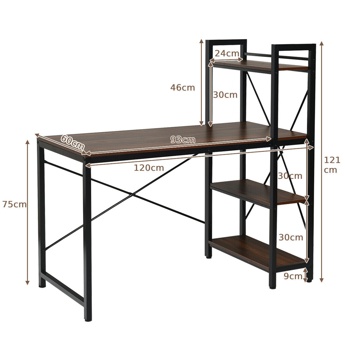 Wooden Computer Desk Writing Table with 4-Tier Reversible Bookshelf-Walnut