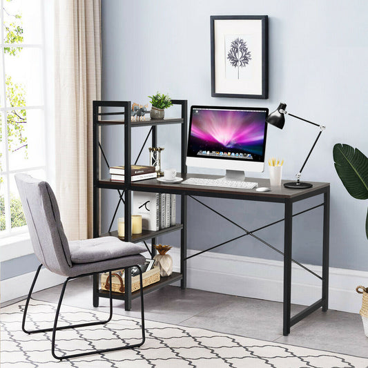 Wooden Computer Desk Writing Table with 4-Tier Reversible Bookshelf-Deep Brown