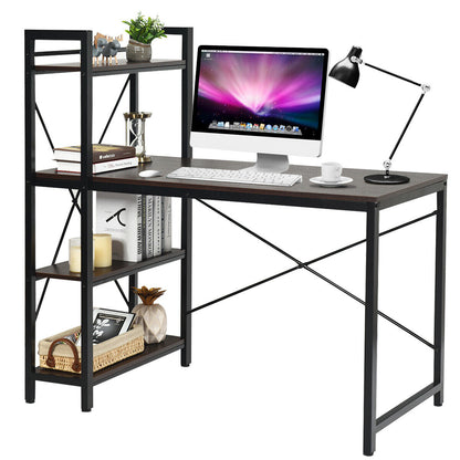 Wooden Computer Desk Writing Table with 4-Tier Reversible Bookshelf-Deep Brown