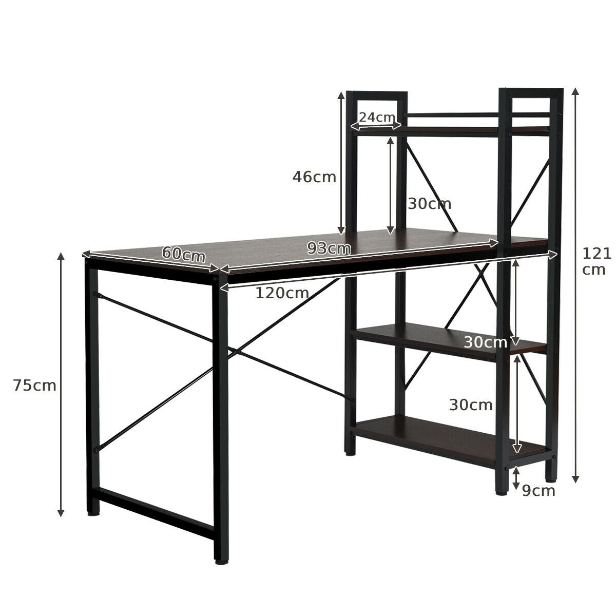 Wooden Computer Desk Writing Table with 4-Tier Reversible Bookshelf-Deep Brown