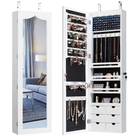 5 LEDs Lockable Mirror Jewelry Cabinet Armoire with 6 Drawers-White