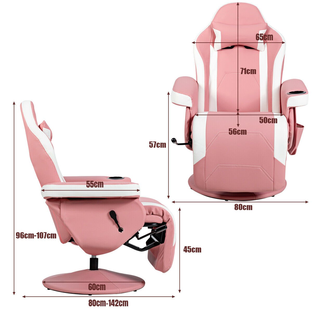 Electric Massage Gaming Chair with Cup Holder and Side Pouch-Pink
