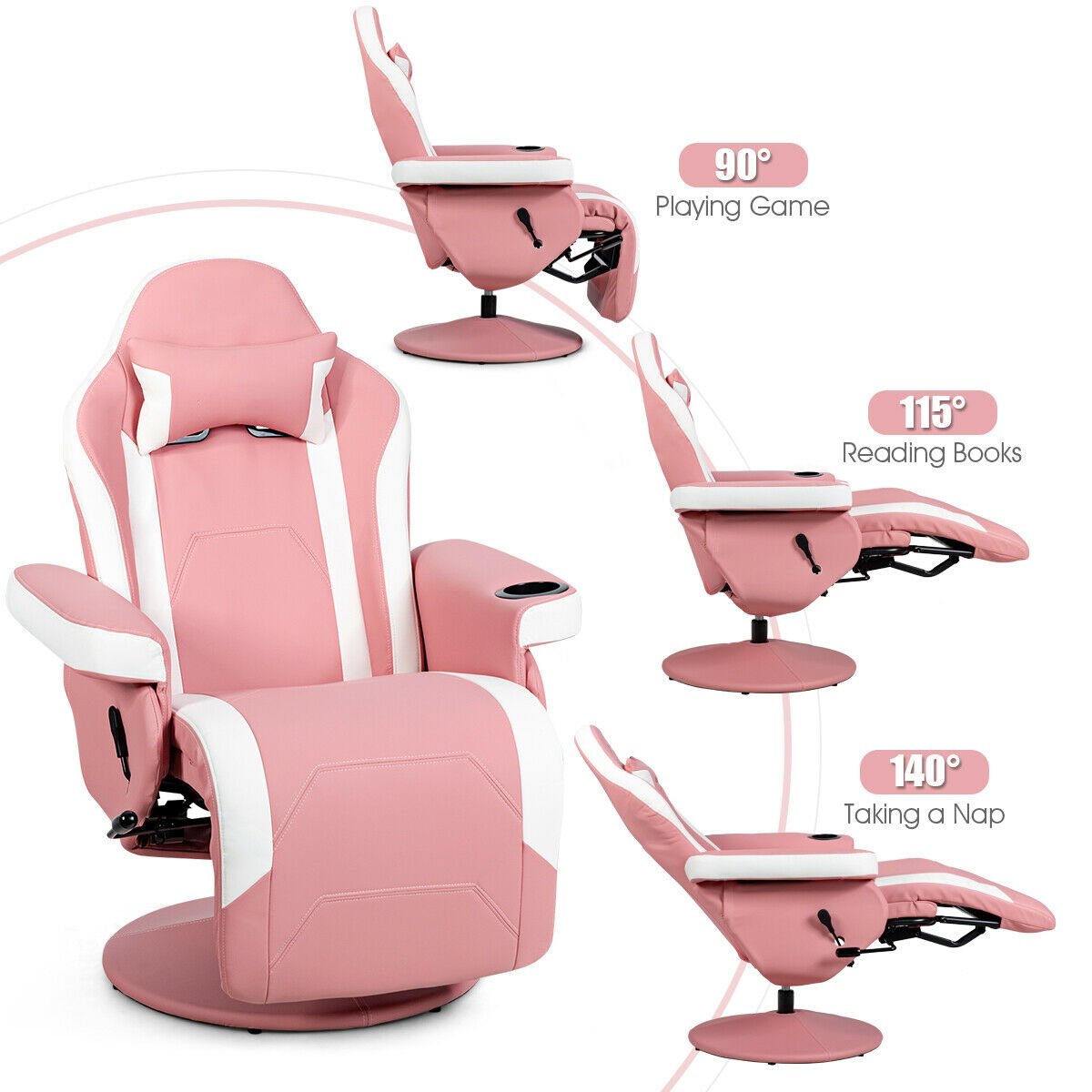 Electric Massage Gaming Chair with Cup Holder and Side Pouch-Pink