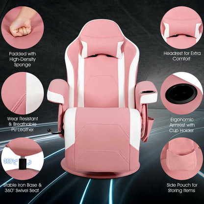 Electric Massage Gaming Chair with Cup Holder and Side Pouch-Pink