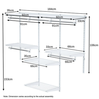 Closet Organiser System with Hanging Rod and Adjustable Metal Rail