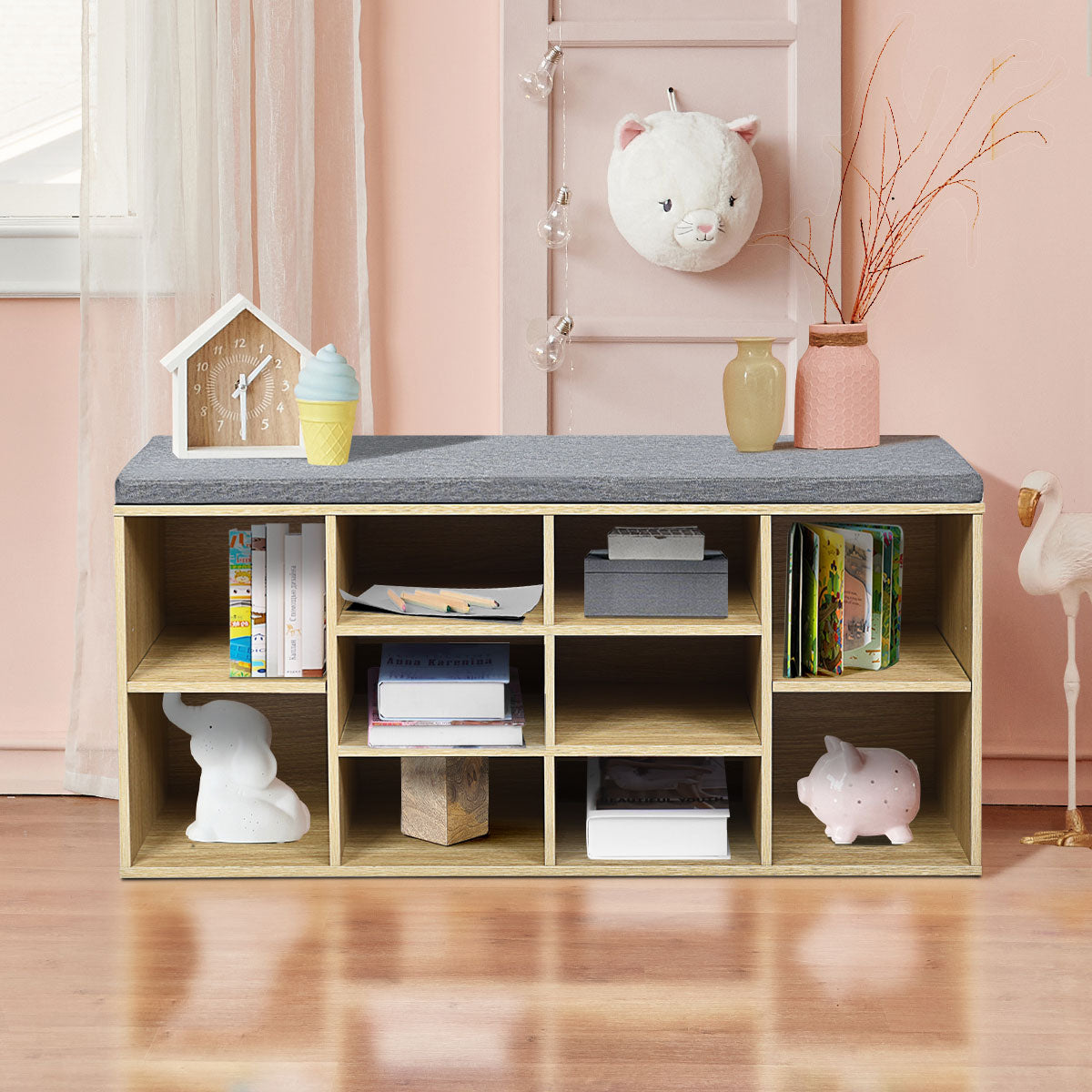10-Cube Organizer  Entryway Padded Shoe Storage Bench-Beige