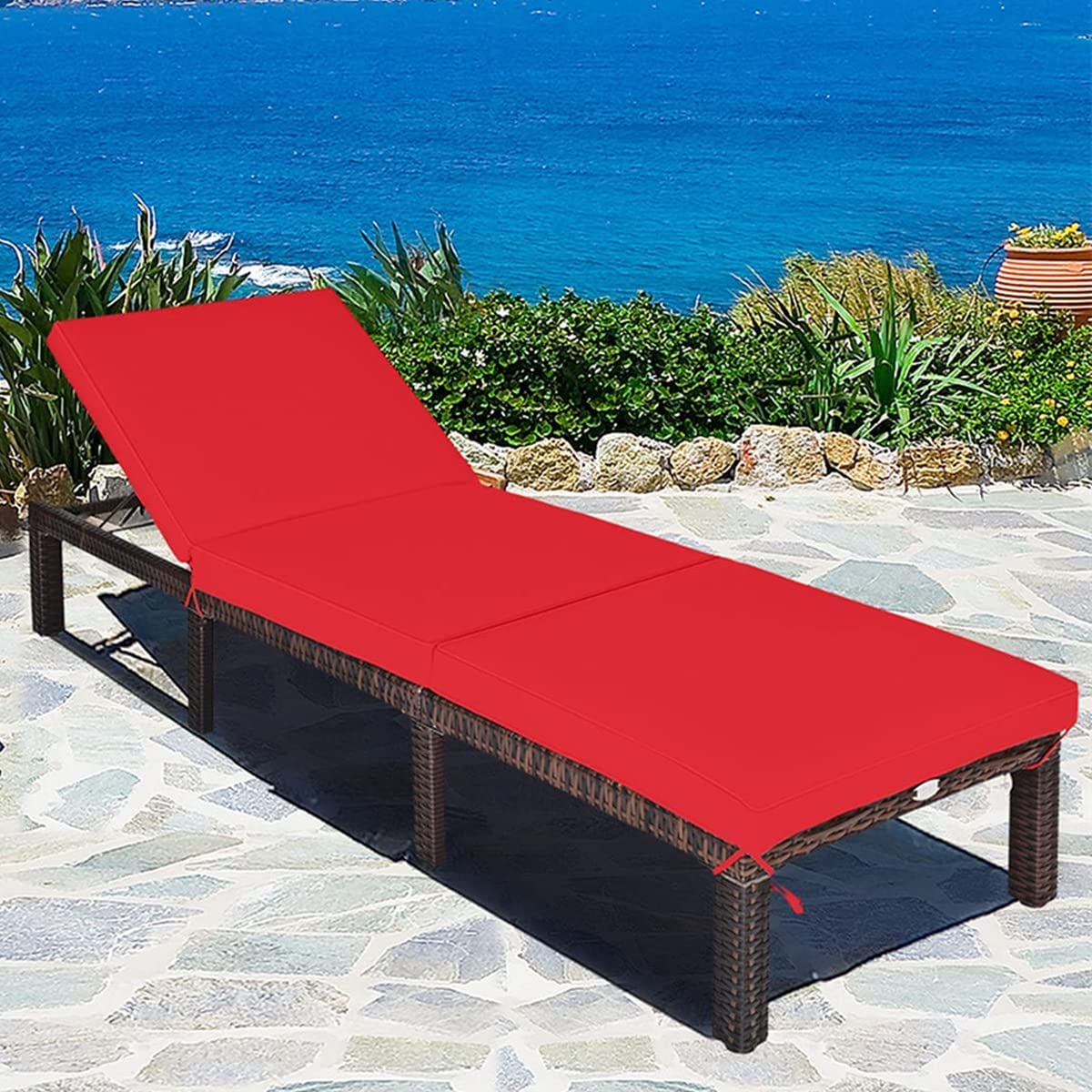 Rattan Sun Lounger with Adjustable Backrest and Removable Cushion-Red