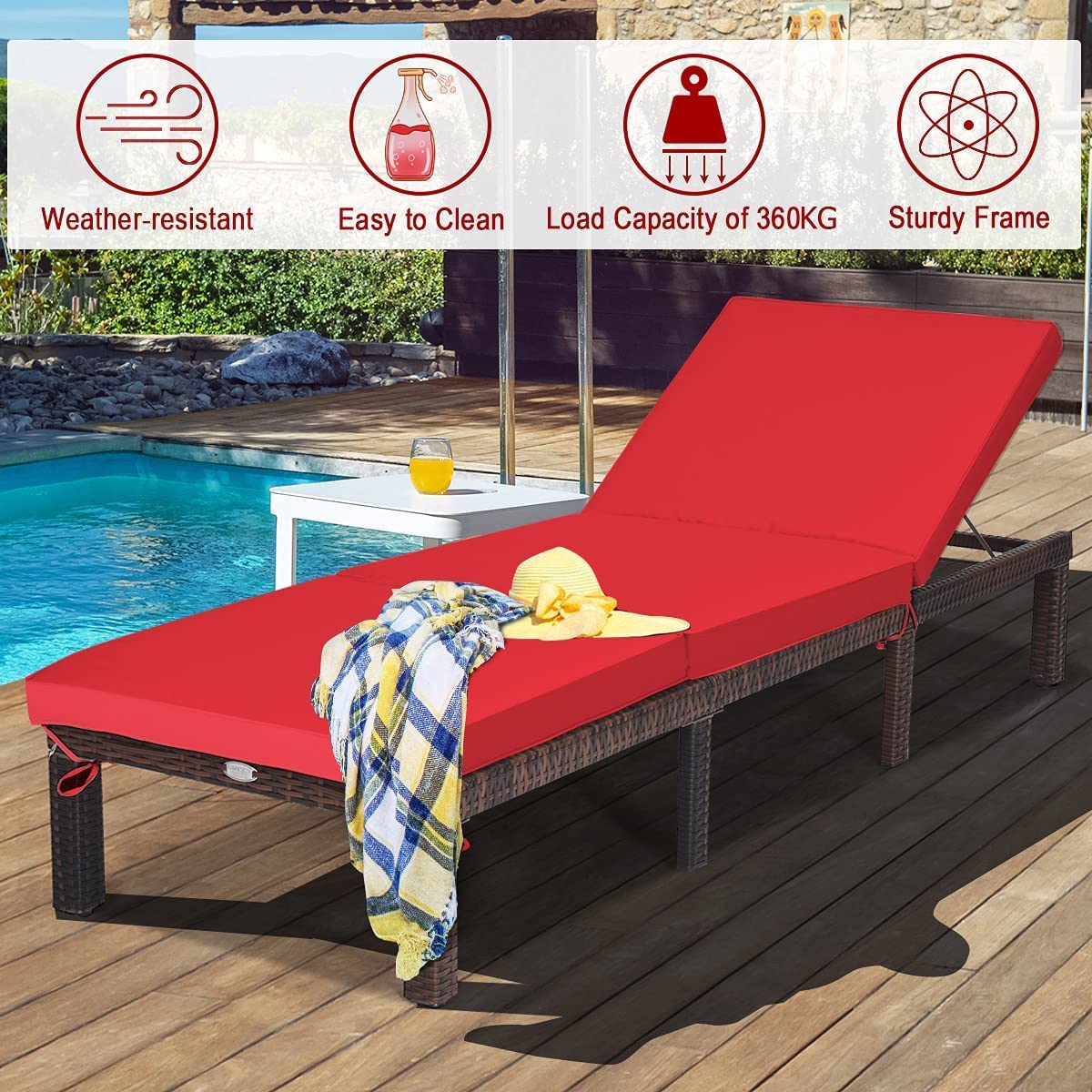 Rattan Sun Lounger with Adjustable Backrest and Removable Cushion-Red