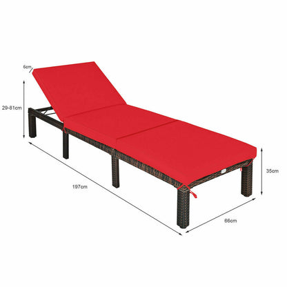 Rattan Sun Lounger with Adjustable Backrest and Removable Cushion-Red