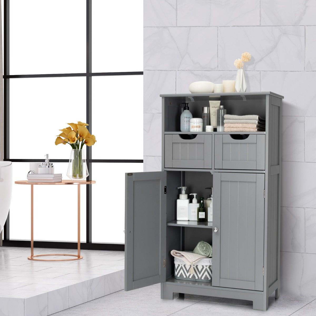 Bathroom Floor Cabinet with Open Shelf &amp; 2 Drawers-Grey