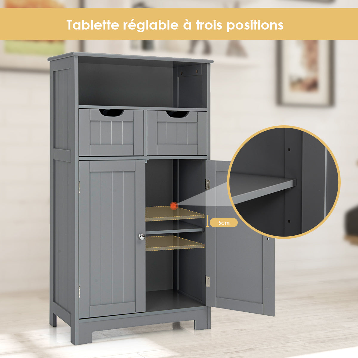 Bathroom Floor Cabinet with Open Shelf &amp; 2 Drawers-Grey