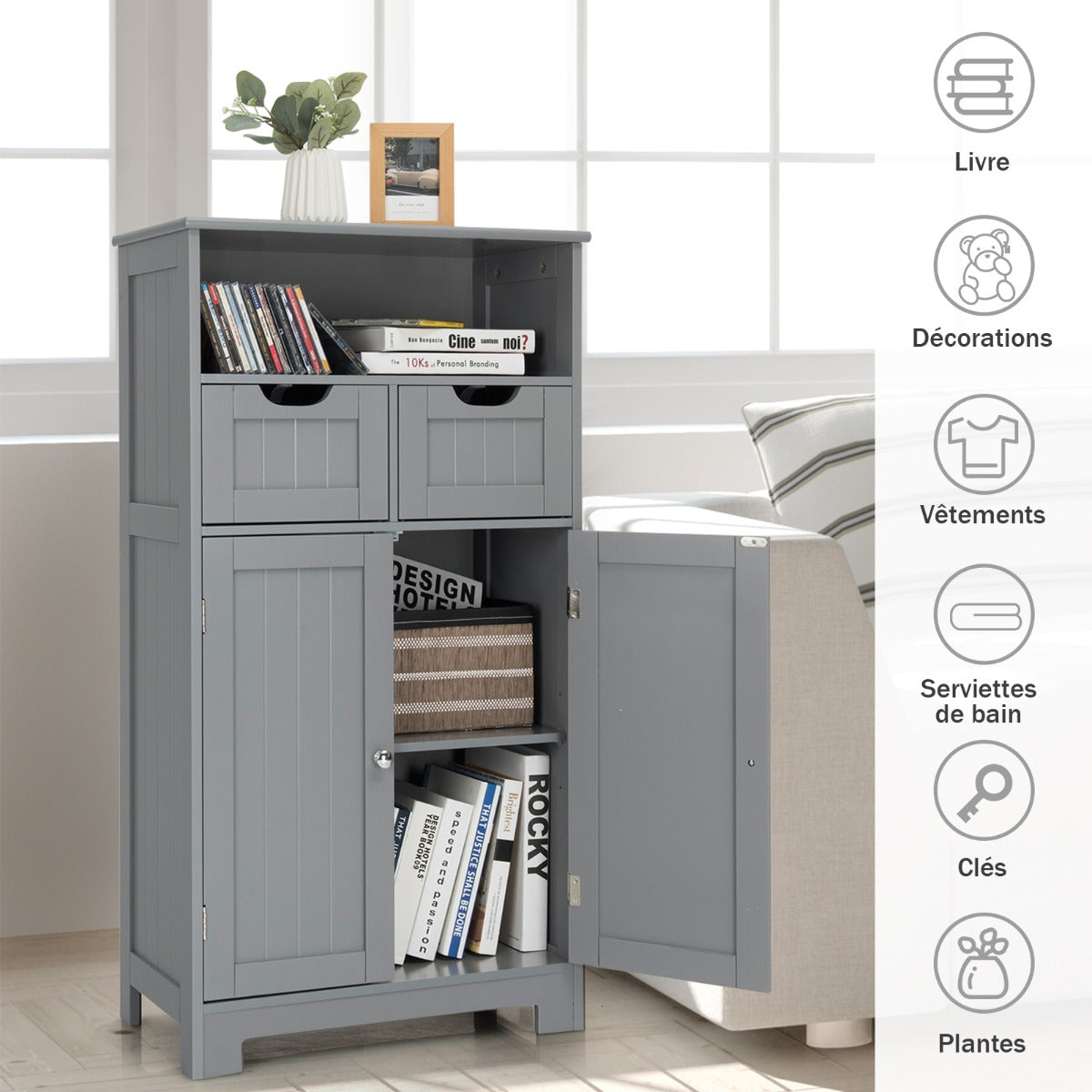 Bathroom Floor Cabinet with Open Shelf &amp; 2 Drawers-Grey
