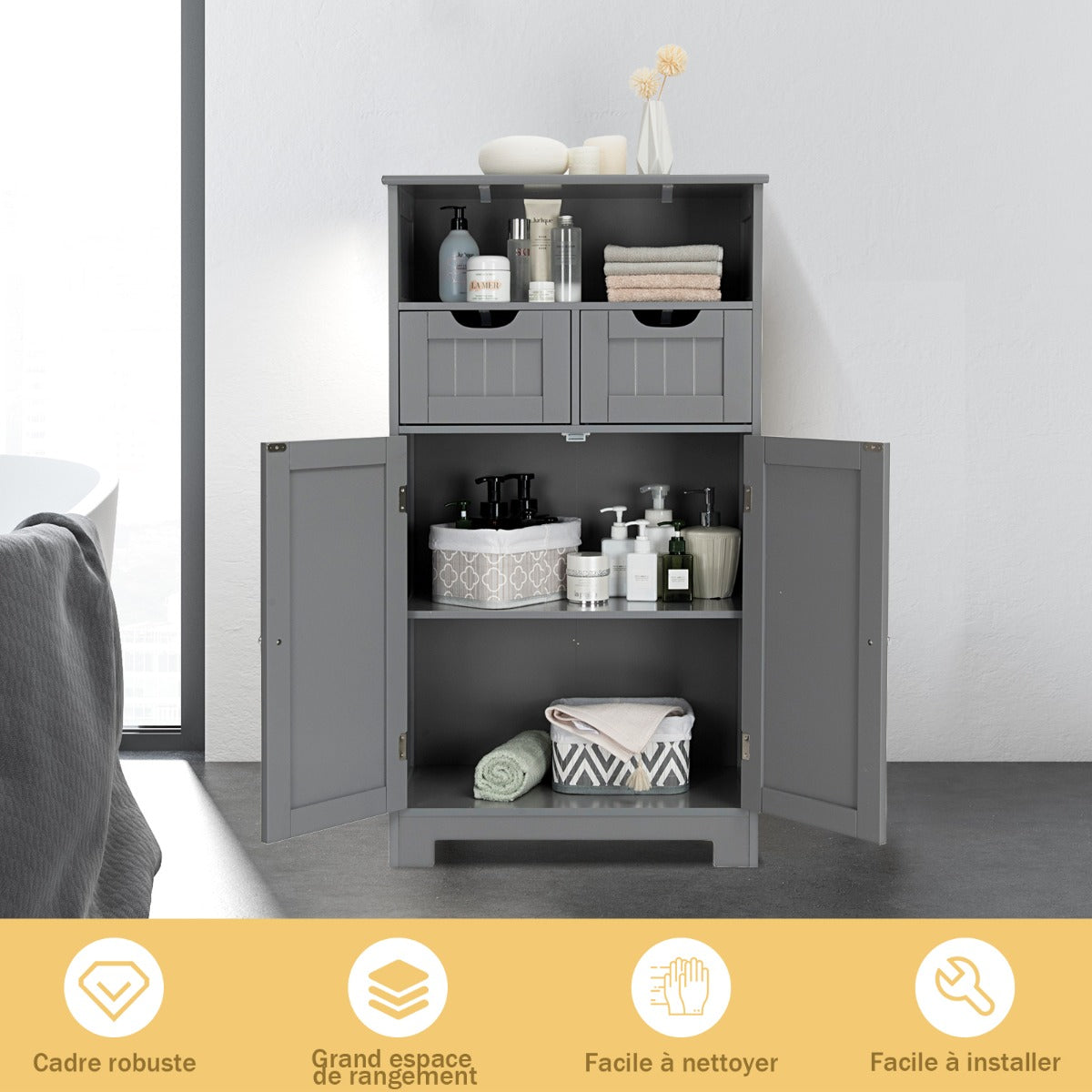 Bathroom Floor Cabinet with Open Shelf &amp; 2 Drawers-Grey