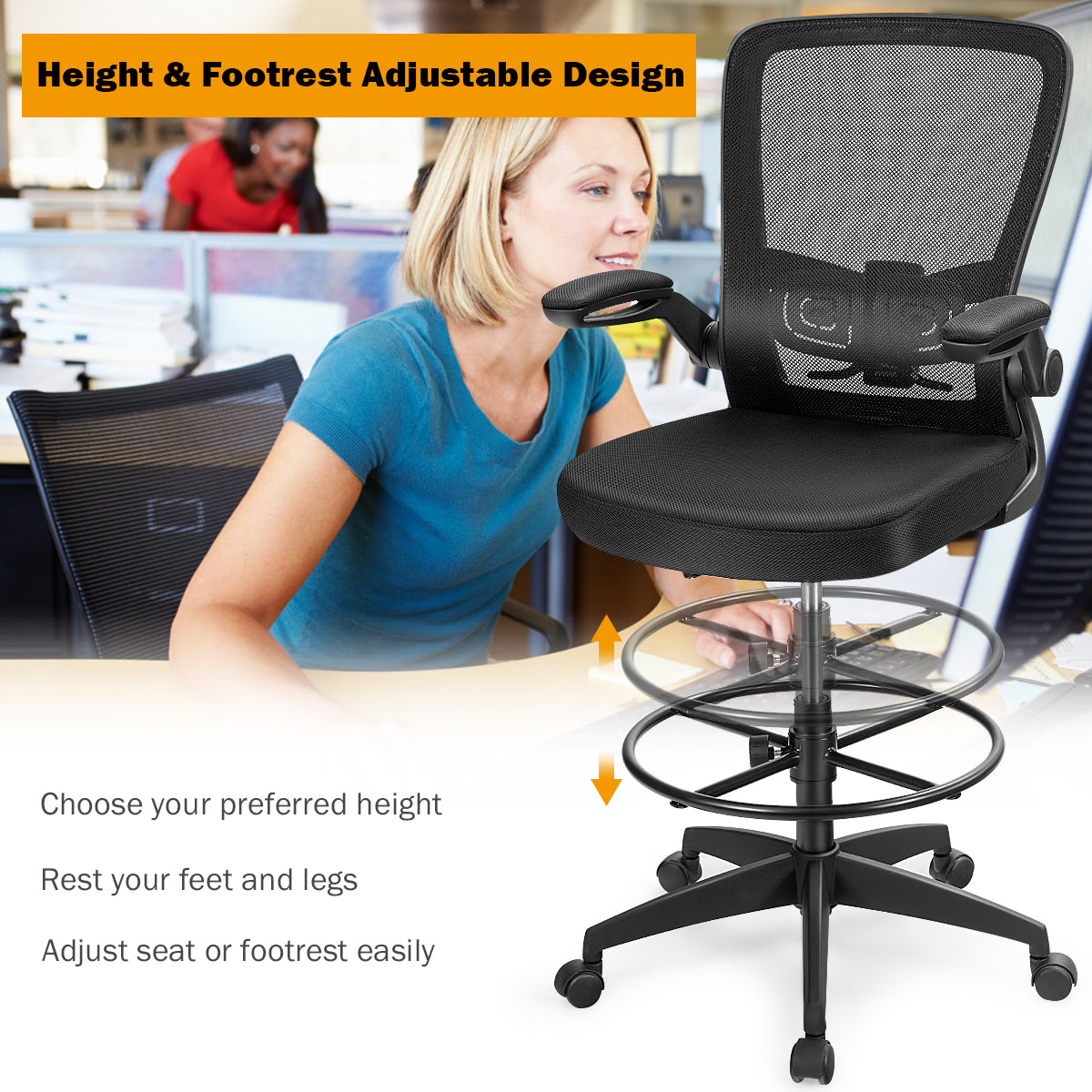 High Back Mesh Office Chair with Flip-up Armrests and Footrest Ring-Black