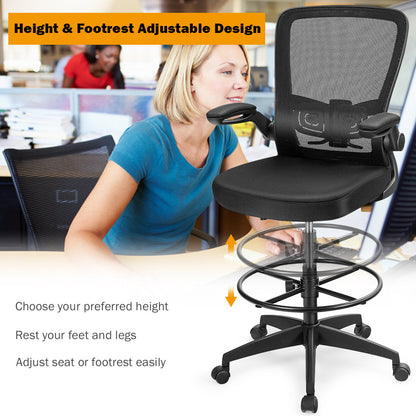 High Back Mesh Office Chair with Flip-up Armrests and Footrest Ring-Black