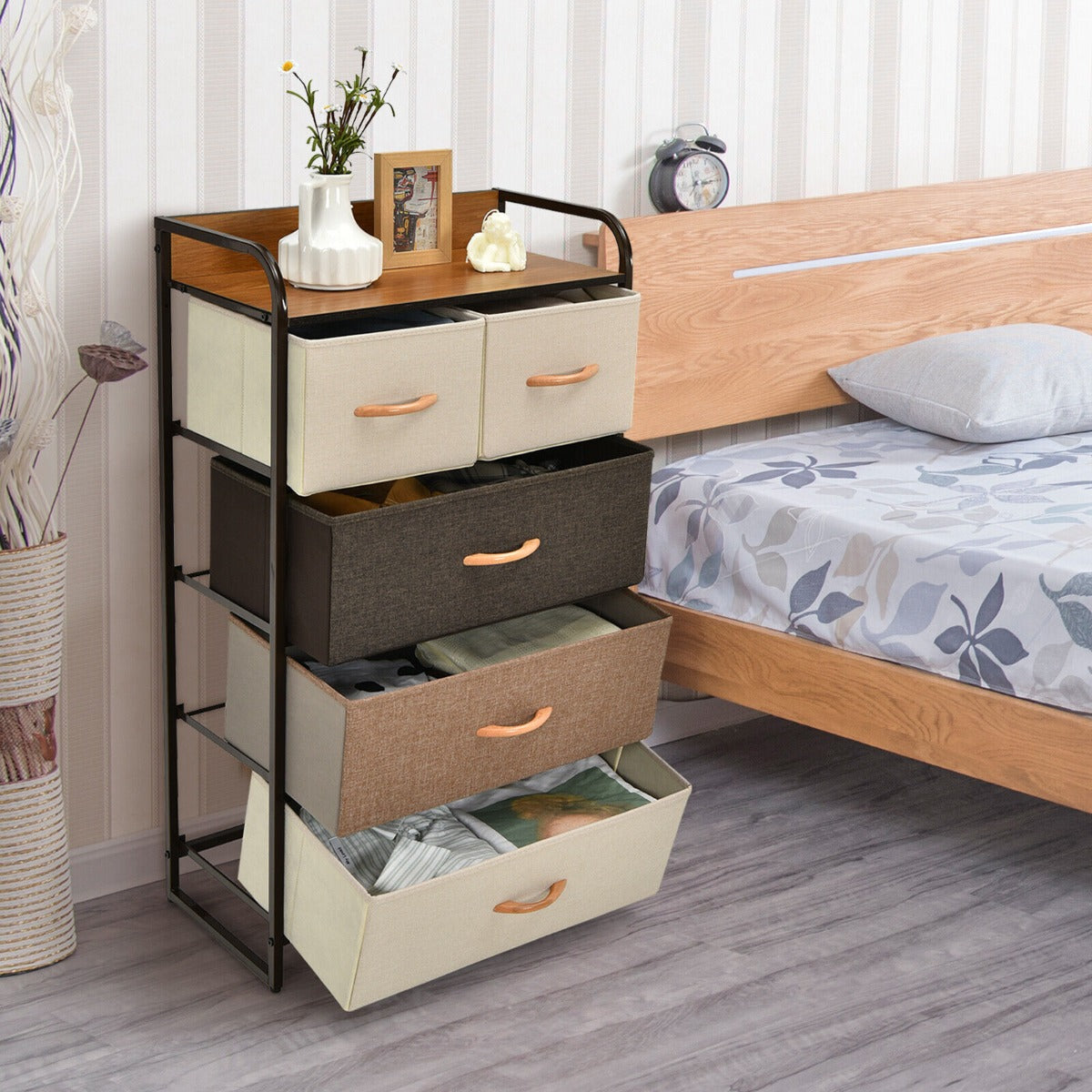 Vertical Dresser Storage Tower with Wooden Top and 5 Drawers-Muticolour