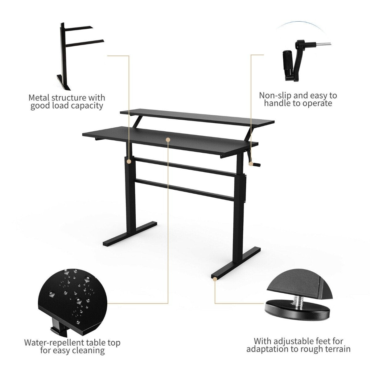 2-Tier Height Adjustable Standing Desk with Crank Handle-Black