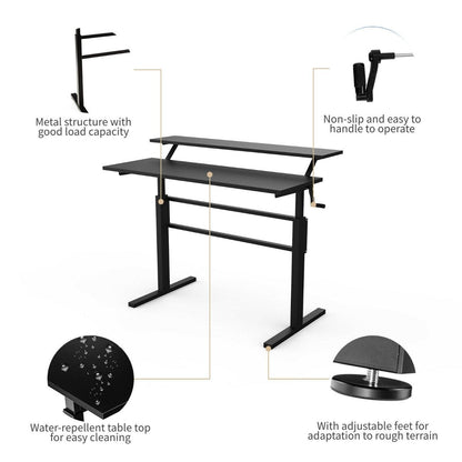 2-Tier Height Adjustable Standing Desk with Crank Handle-Black