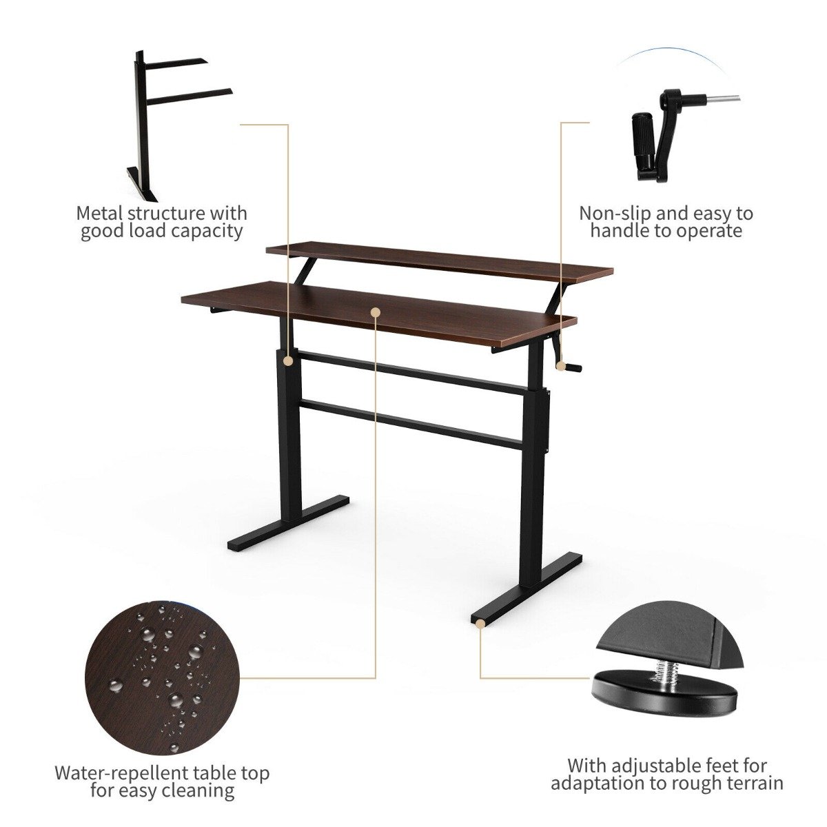 2-Tier Height Adjustable Standing Desk with Crank Handle-Coffee