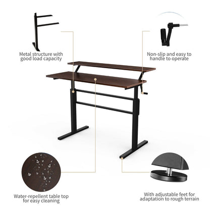 2-Tier Height Adjustable Standing Desk with Crank Handle-Coffee