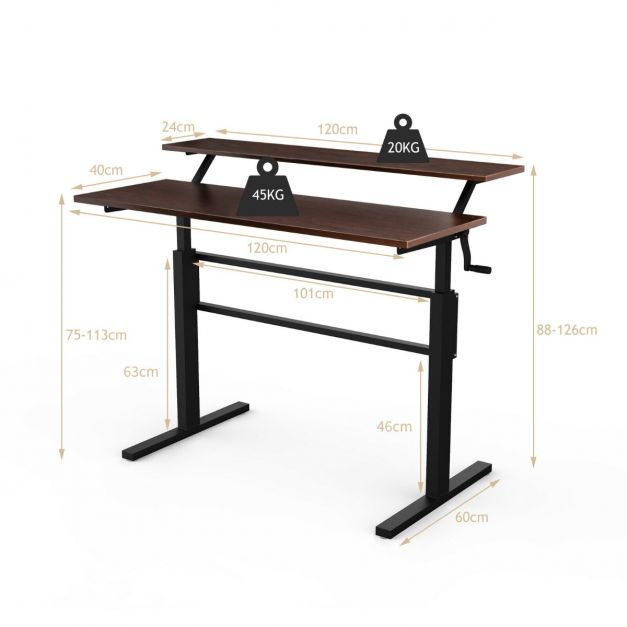 Standing Desk Crank Adjustable Sit to Stand Workstation-Brown