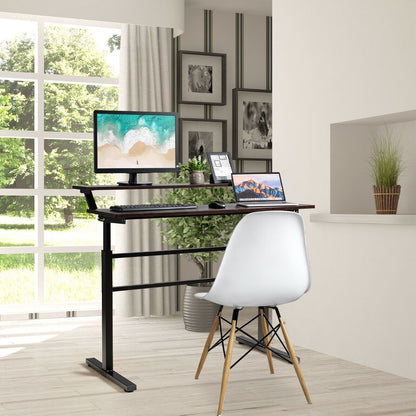 2-Tier Height Adjustable Standing Desk with Crank Handle-Coffee