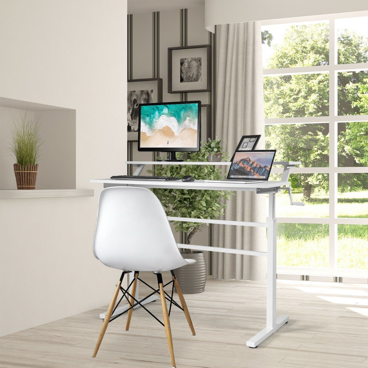 2-Tier Height Adjustable Standing Desk with Crank Handle-White