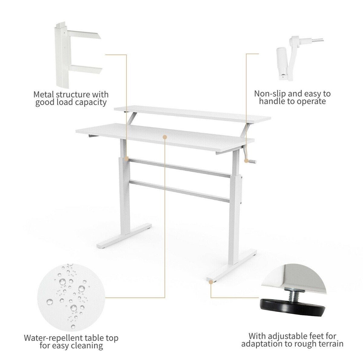 2-Tier Height Adjustable Standing Desk with Crank Handle-White